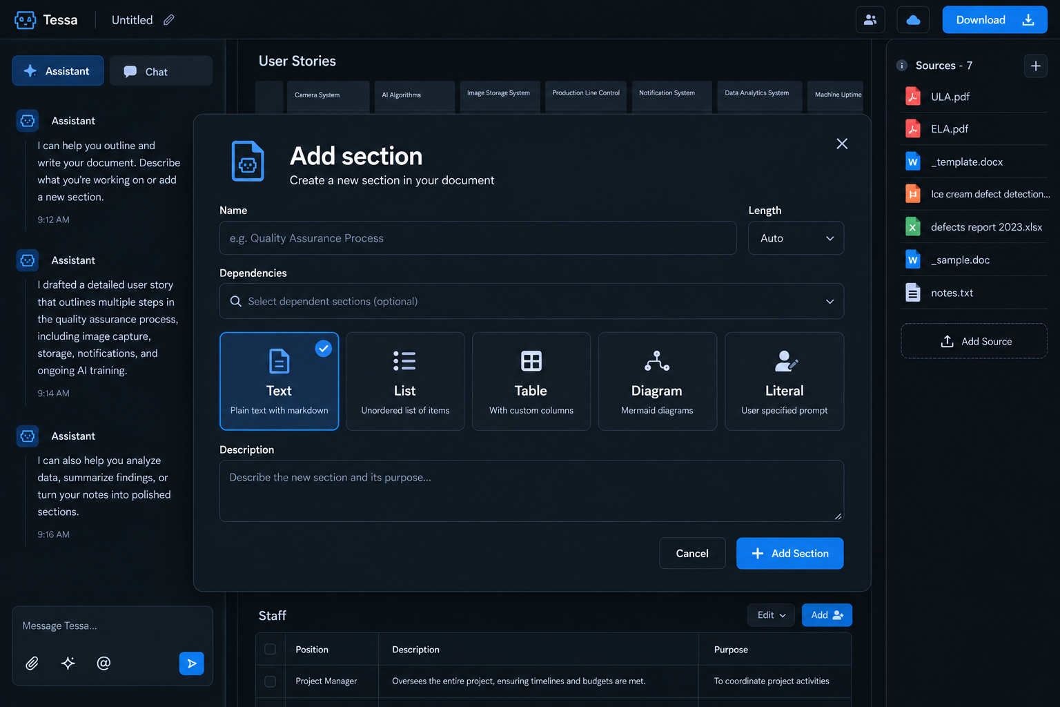 Tessa — product interface visualization